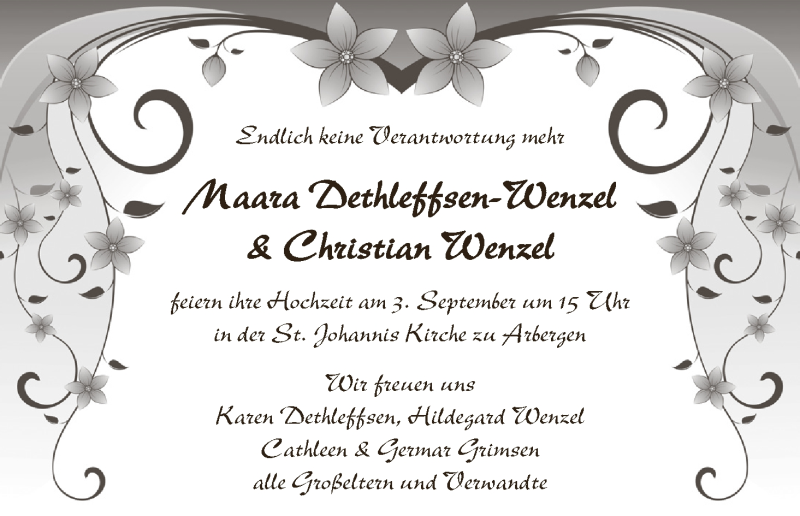 Hochzeitsanzeige von Maara Dethleffsen-Wenzel von WESER-KURIER