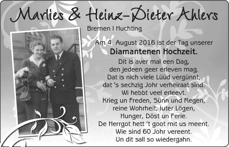 Hochzeitsanzeige von Marlies Ahlers von WESER-KURIER