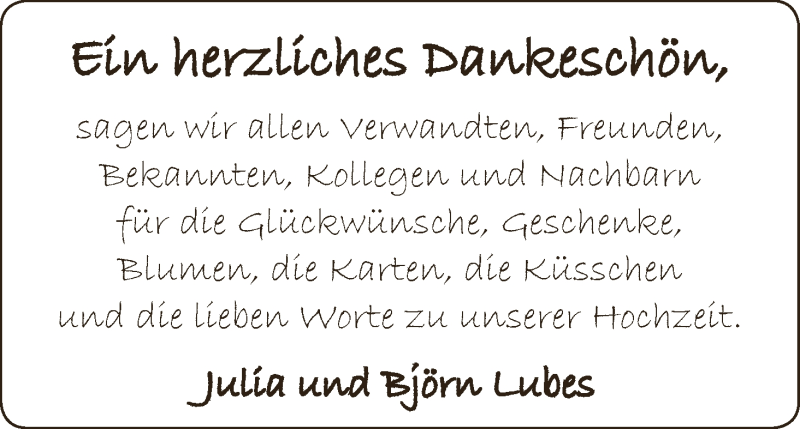 Hochzeitsanzeige von Julia Lubes von Wuemme Zeitung