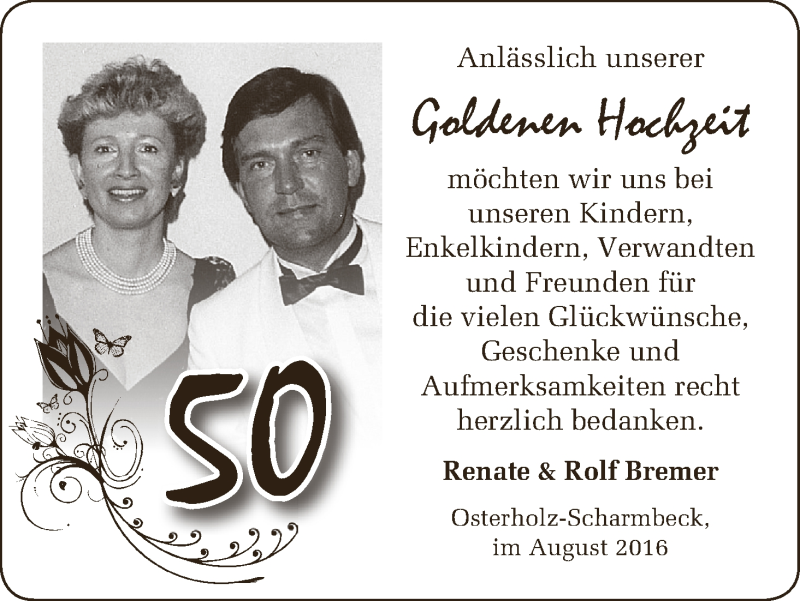 Hochzeitsanzeige von Renate Bremer von Osterholzer Kreisblatt