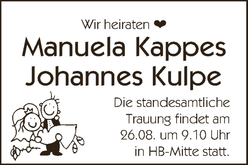Hochzeitsanzeige von Manuela Kappes von WESER-KURIER