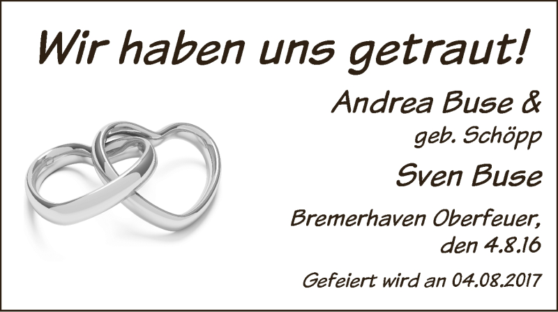 Hochzeitsanzeige von Andrea Buse von WESER-KURIER