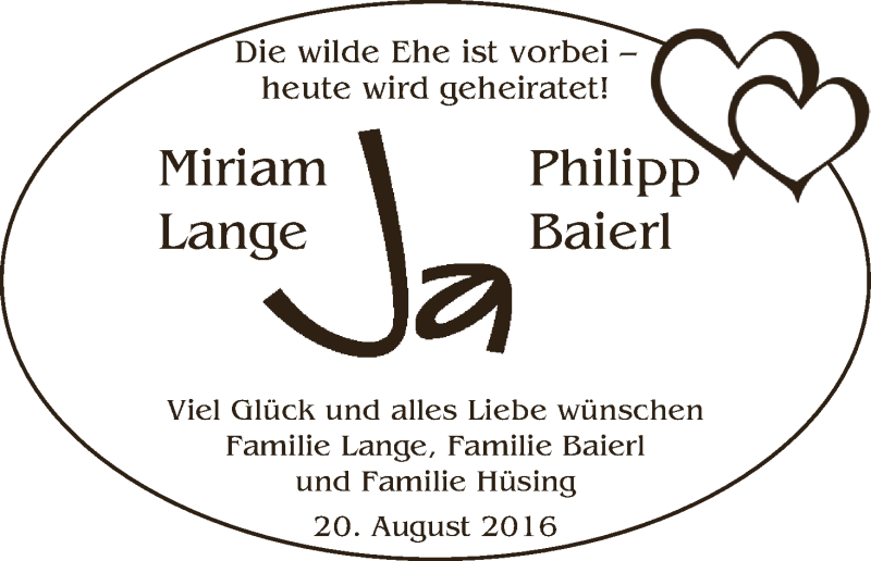 Hochzeitsanzeige von Miriam Lange von Osterholzer Kreisblatt