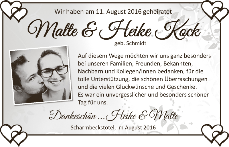 Hochzeitsanzeige von Malte Kock von Osterholzer Kreisblatt