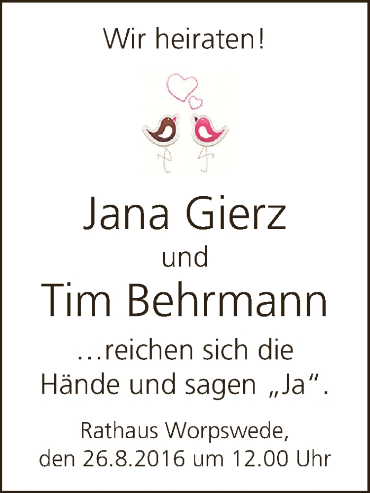 Hochzeitsanzeige von Jana Gierz von Wuemme Zeitung