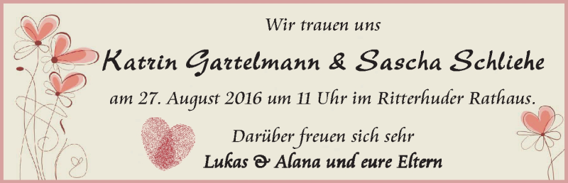 Hochzeitsanzeige von Katrin Gartelmann von WESER-KURIER