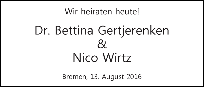 Hochzeitsanzeige von Bettina Gertjerenken von WESER-KURIER