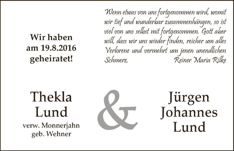 Hochzeitsanzeige von Thekla Lund von WESER-KURIER