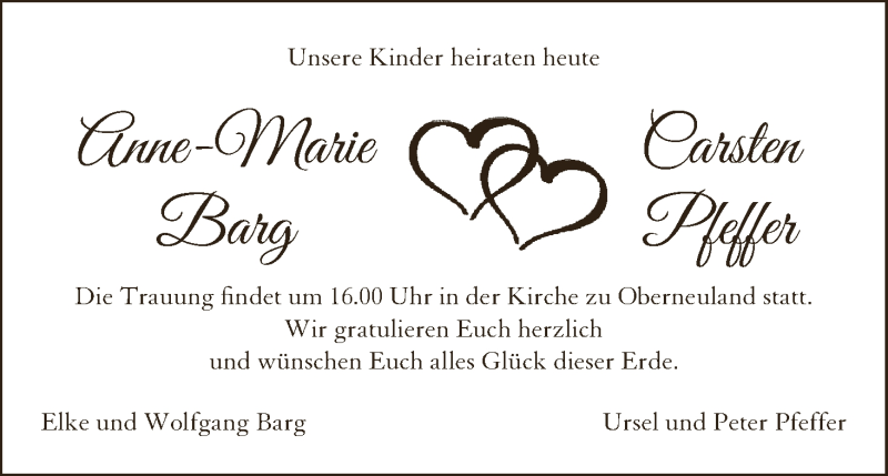Hochzeitsanzeige von Anne-Marie Barg von WESER-KURIER