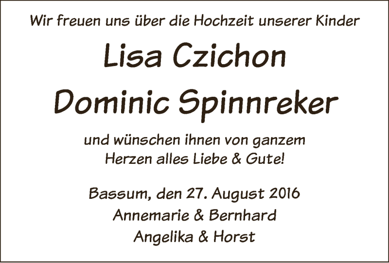 Hochzeitsanzeige von Lisa Czichon von WESER-KURIER