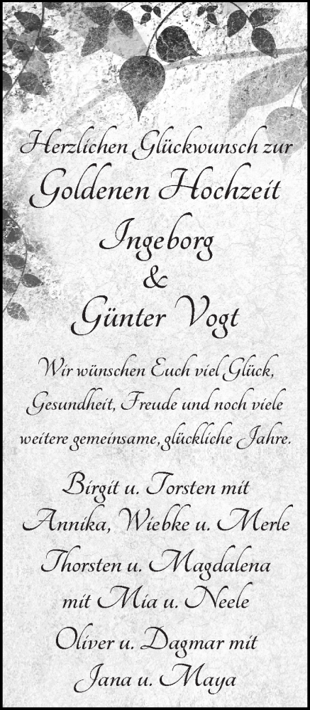 Hochzeitsanzeige von Ingeborg Vogt von WESER-KURIER