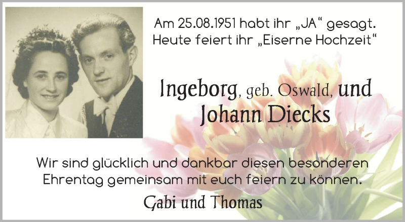 Hochzeitsanzeige von Ingeborg Diecks von WESER-KURIER