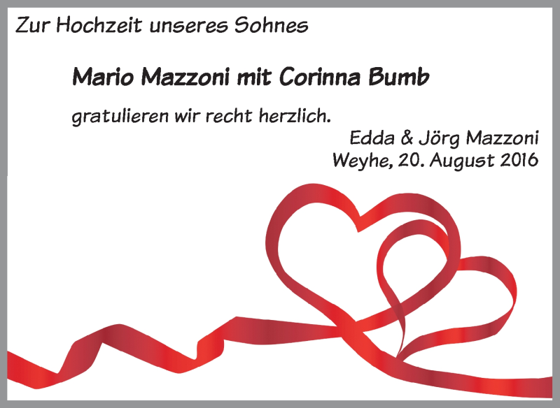 Hochzeitsanzeige von Mario Mazzoni von Regionale Rundschau/Syker Kurier