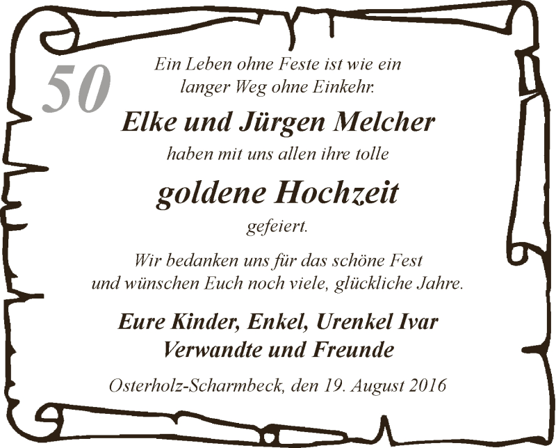 Hochzeitsanzeige von Elke Melcher von Osterholzer Kreisblatt