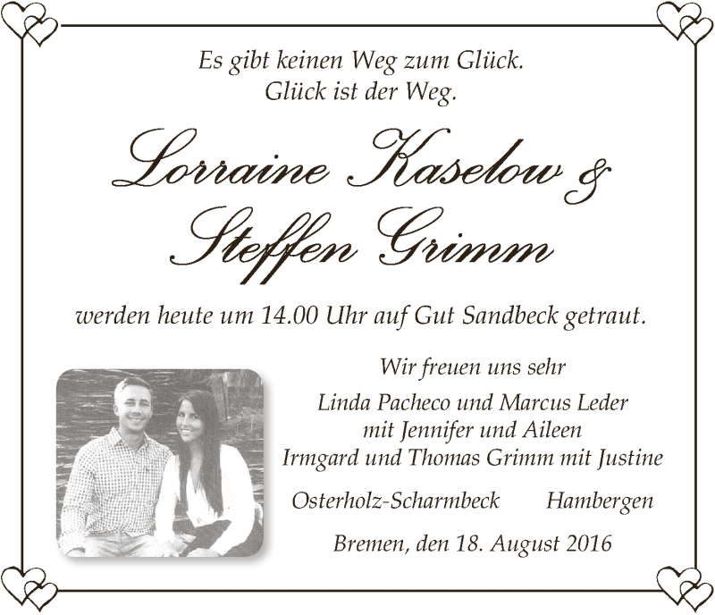 Hochzeitsanzeige von Lorraine Kaselow von Osterholzer Kreisblatt