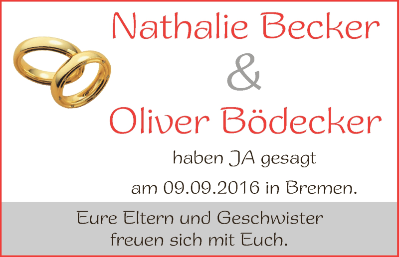 Hochzeitsanzeige von Natalie Becker von WESER-KURIER