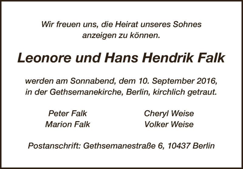 Hochzeitsanzeige von Leonore Falk von WESER-KURIER