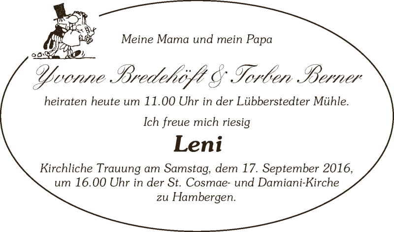 Hochzeitsanzeige von Torben Berner von Osterholzer Kreisblatt