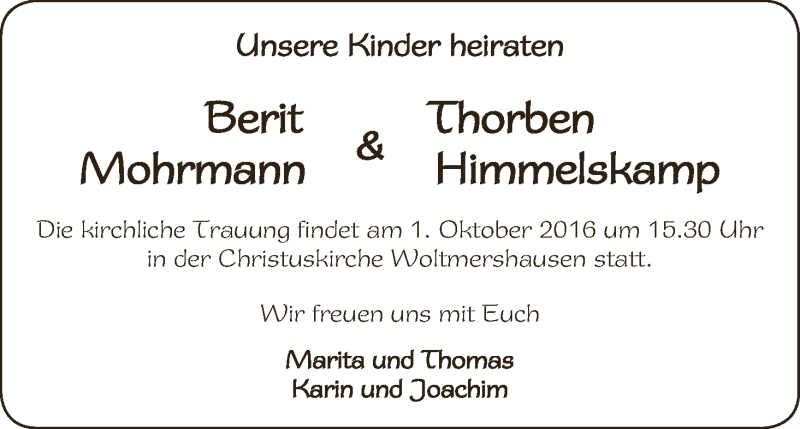 Hochzeitsanzeige von Berit Mohrmann von WESER-KURIER