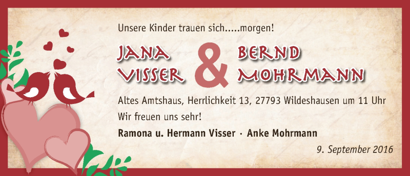 Hochzeitsanzeige von Jana Visser von WESER-KURIER