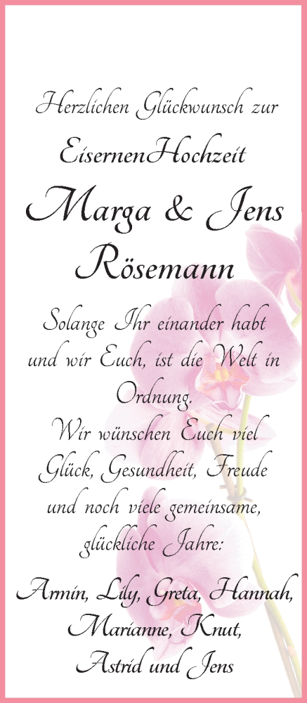 Hochzeitsanzeige von Marga Rösemann von Die Norddeutsche