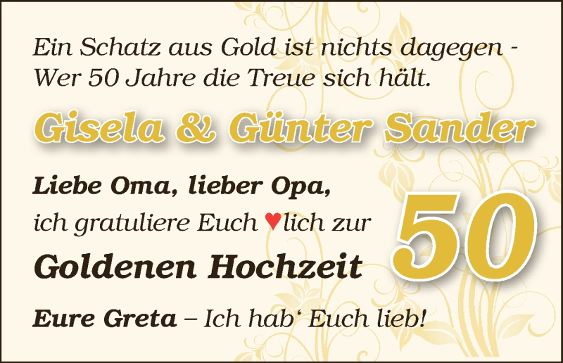 Hochzeitsanzeige von Gisela Sander von Wuemme Zeitung