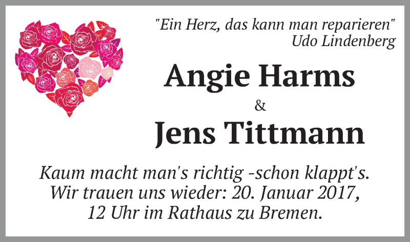 Hochzeitsanzeige von Angie Harms von WESER-KURIER
