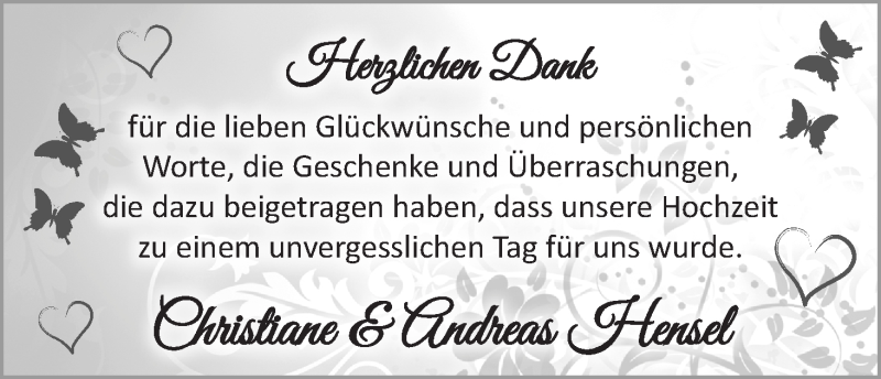 Hochzeitsanzeige von Christiane Hensel von Wuemme Zeitung