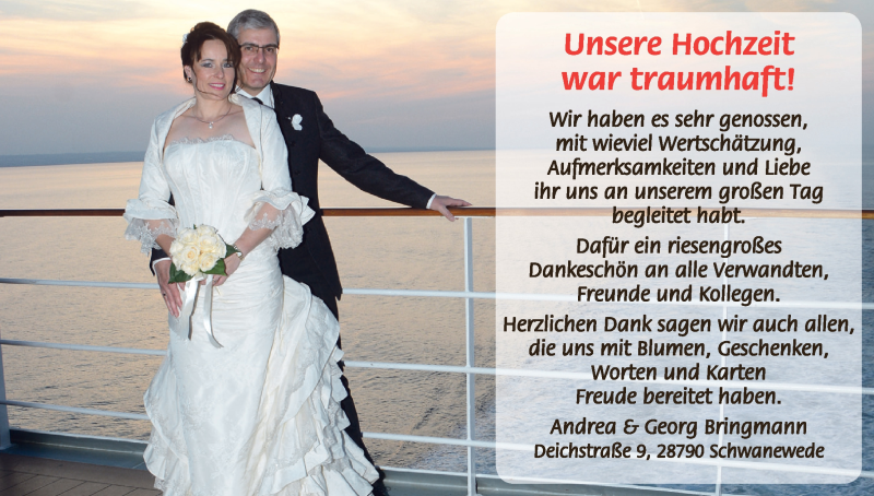 Hochzeitsanzeige von Andrea Bringmann von WESER-KURIER