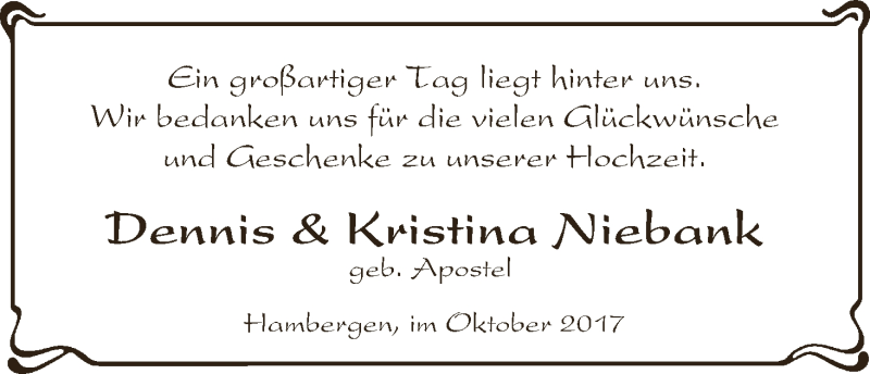 Hochzeitsanzeige von Dennis Niebank von Osterholzer Kreisblatt