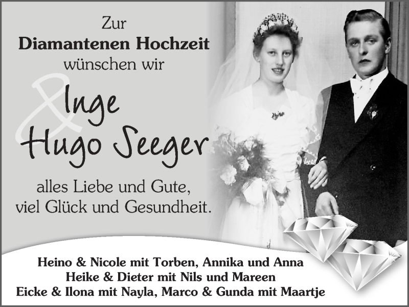 Hochzeitsanzeige von Inge Seeger von Wuemme Zeitung