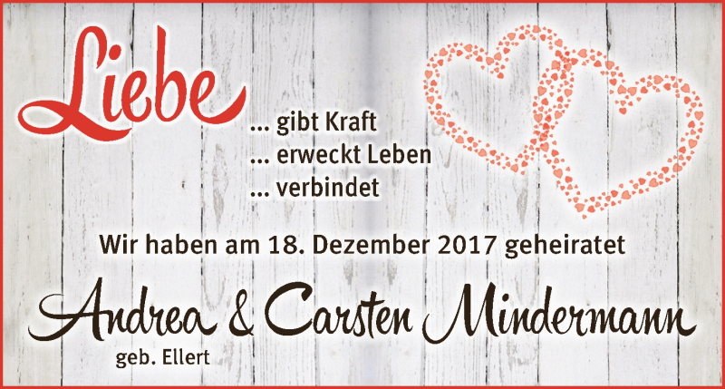 Hochzeitsanzeige von Andrea Mindermann von Wuemme Zeitung