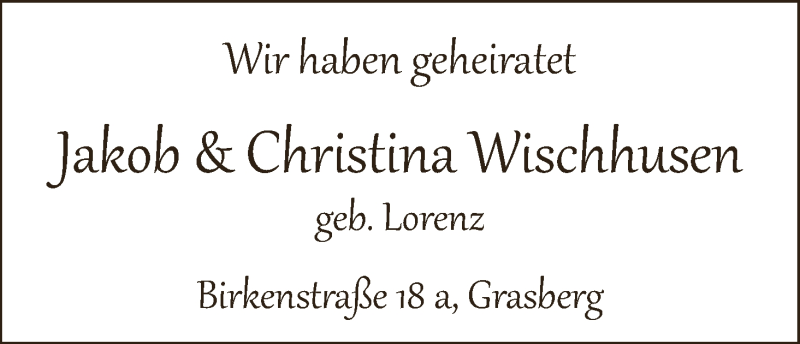 Hochzeitsanzeige von Jakob Wischhusen von Wuemme Zeitung