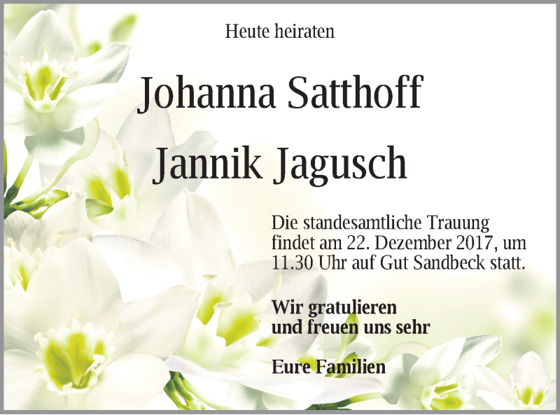 Hochzeitsanzeige von Johanna Satthoff von Osterholzer Kreisblatt
