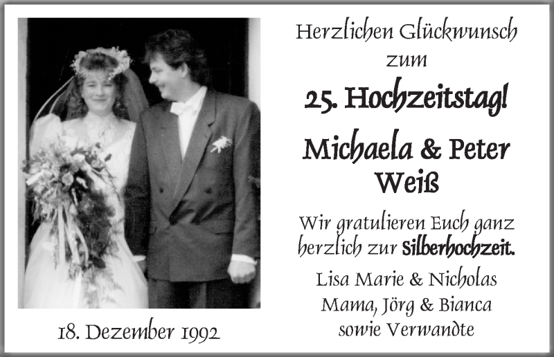 Hochzeitsanzeige von Michaela Weiß von Die Norddeutsche