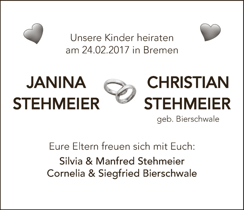 Hochzeitsanzeige von Janina Stehmeier von WESER-KURIER
