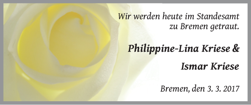 Hochzeitsanzeige von Philippine-Lina Kriese von WESER-KURIER