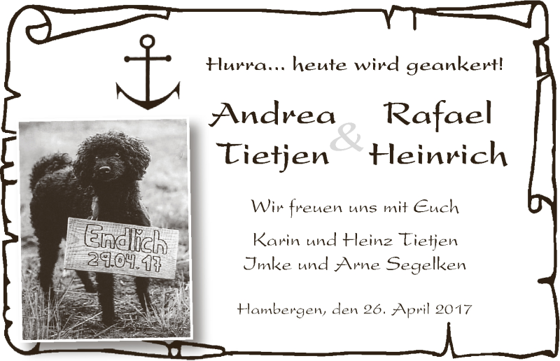 Hochzeitsanzeige von Andrea Tietjen von Osterholzer Kreisblatt