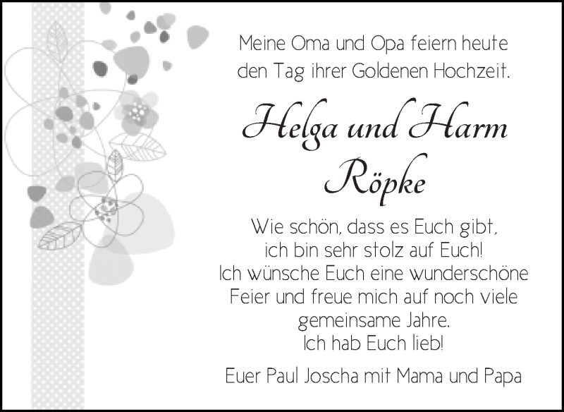Hochzeitsanzeige von Helga Röpke von WESER-KURIER