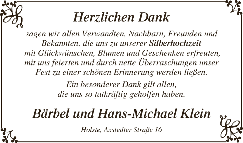 Hochzeitsanzeige von Bärbel Klein von Osterholzer Kreisblatt