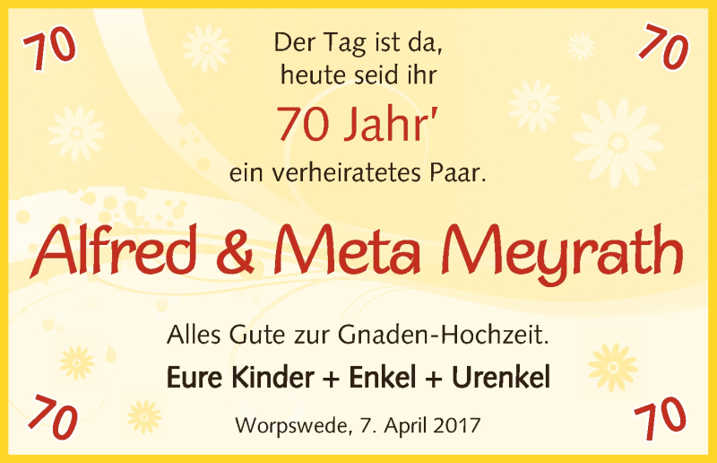 Hochzeitsanzeige von Alfred Meyrath von Wuemme Zeitung