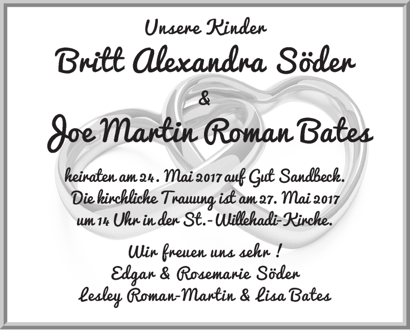 Hochzeitsanzeige von Britt Alexandra Söder von Osterholzer Kreisblatt