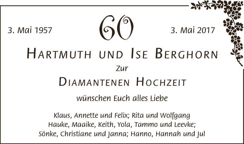 Hochzeitsanzeige von Hartmuth Berghorn von Osterholzer Kreisblatt
