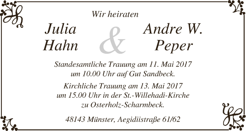 Hochzeitsanzeige von Julia Hahn von Osterholzer Kreisblatt