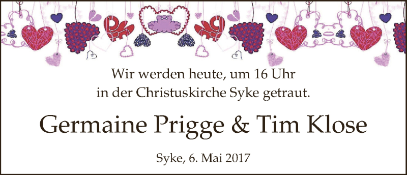 Hochzeitsanzeige von Germaine Prigge von Regionale Rundschau/Syker Kurier
