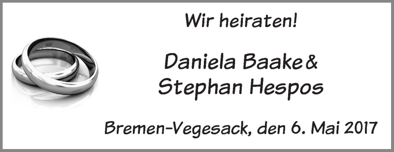 Hochzeitsanzeige von Daniela Baake von Die Norddeutsche