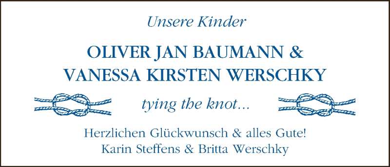 Hochzeitsanzeige von Oliver Jan Baumann von WESER-KURIER