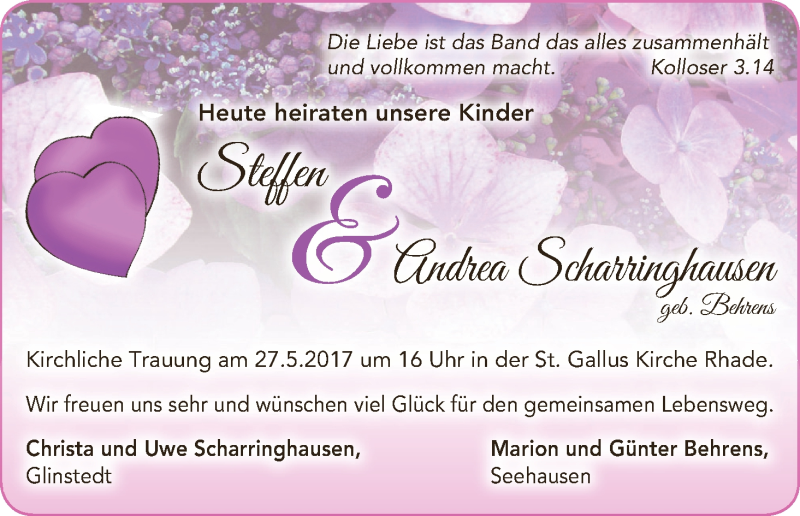 Hochzeitsanzeige von Steffen Scharringhausen von Wuemme Zeitung