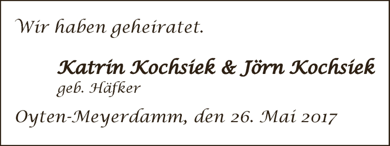 Hochzeitsanzeige von Katrin Kochsiek von WESER-KURIER