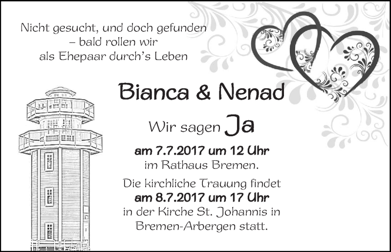 Hochzeitsanzeige von Bianca  von WESER-KURIER